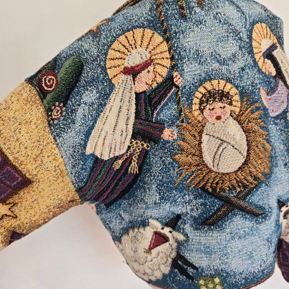 Rare Vintage Nativity Tapestry Jacket Cropped Painted Pony Art To Wear Small - Picture 11 of 15
